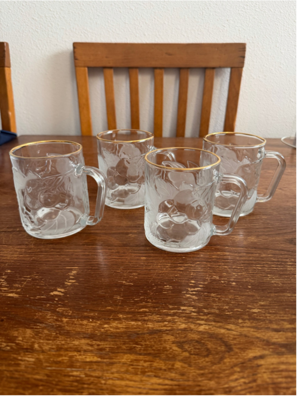 Vintage KIG Indonesia Glass Mugs Set of 4 Embossed Fruit Gold Rim Clear